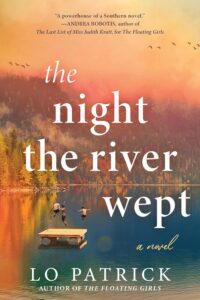 Cover art for The Night the River Wept by Lo Patrick. Image is of a lake with children jumping from a dock into water. Sky is of orange and red colors and trees are in the background.