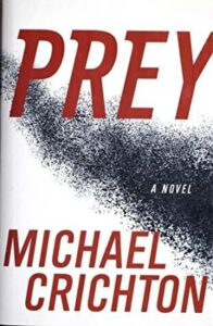 Cover art for Prey by Michael Crichton. Includes colors of white and a grey diagonal stripe.